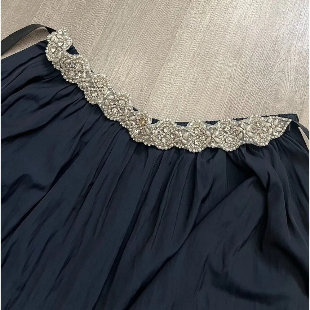 T Tahari Navy Blue Skirt Crystal Pearl Sash Ribbon Belt Size M Elastic waist - Image 2