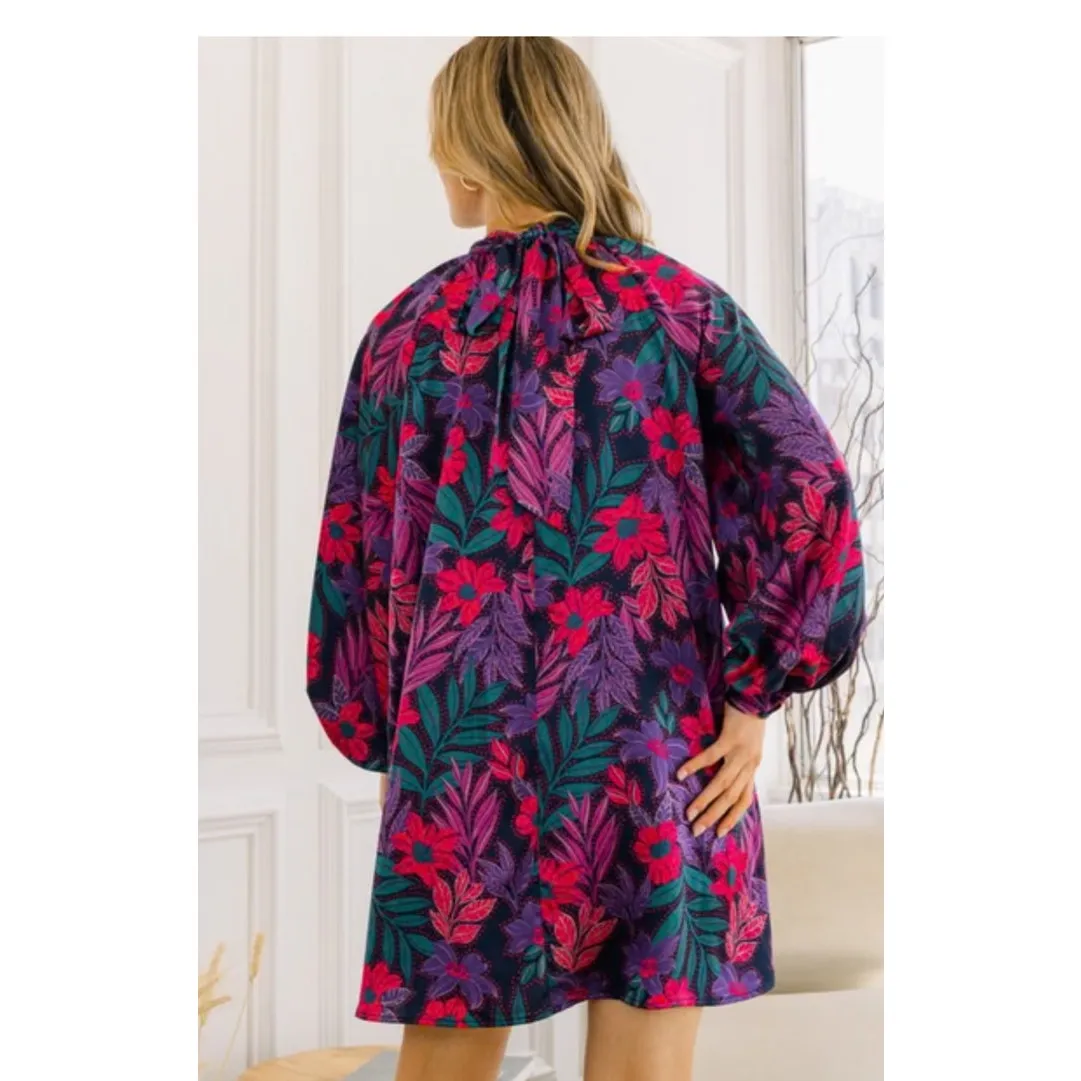 Magenta Dark Floral Flow Satin Dress ODDY Small Long Sleeve Short High Neckline Purple - Image 9
