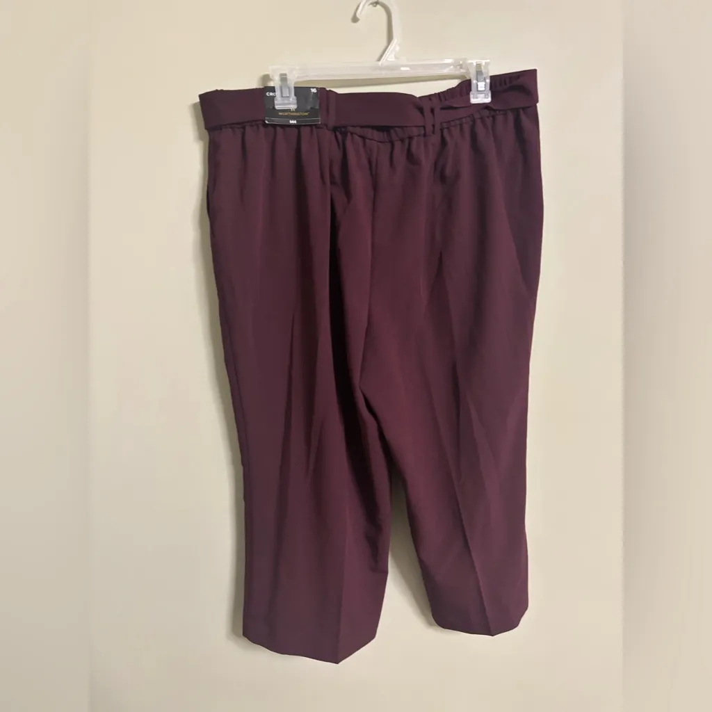 Worthington Burgundy Cropped Pants Size 16 New Tie Belt Capri Wide Leg New - Image 2
