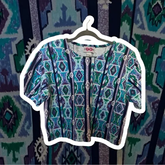 Vintage 90 Design Purple and Teal Aztec Print Boxy Top with Shoulder Pads, Med Blue - Image 2