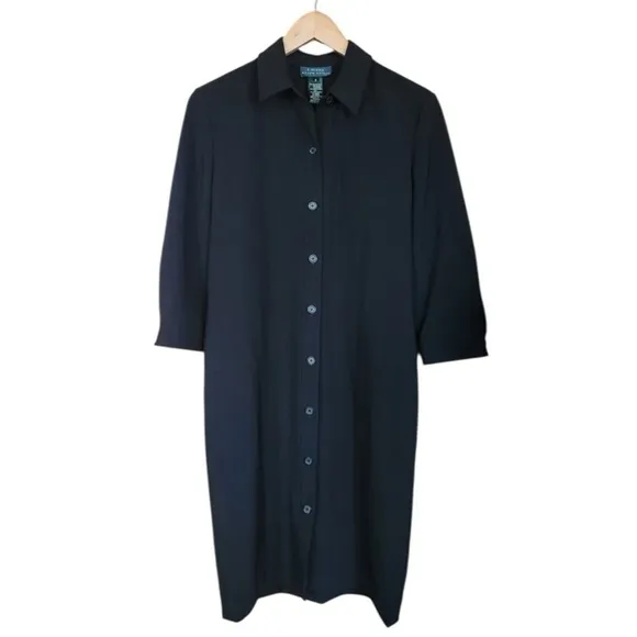 Lauren Ralph Lauren Wool Notched‎ Collar Cuffed Sleeve Midi Shirt Dress Black 12 - Image 2