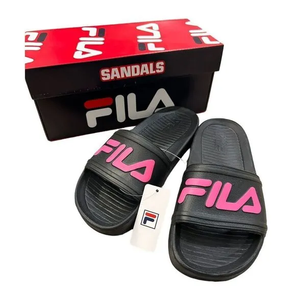 NEW FILA SLEEK SLIDE LT SANDALS BLACK Pink LOGO Woman’s Size 6 With Box! - Image 2
