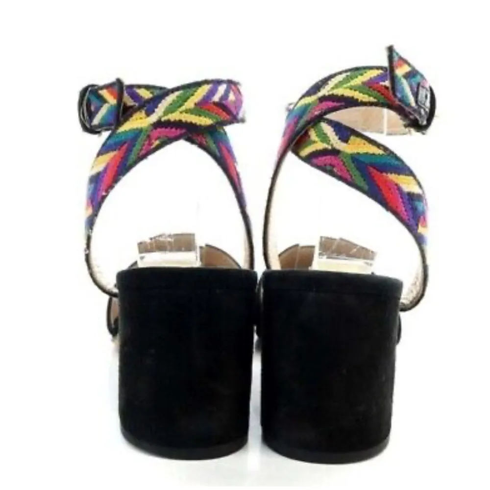 Valentino Garavani 36 Native Couture 1975-embroidered Suede Colorful Black Heels - Image 4