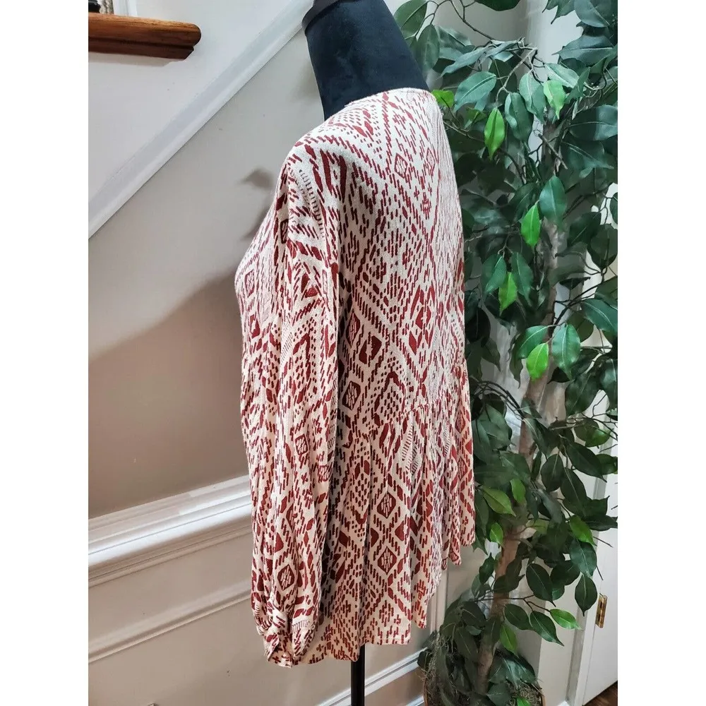 Serene Bohemian Flowy White & Maroon Round Neck Long Sleeve Top Blouse Size S - Image 6