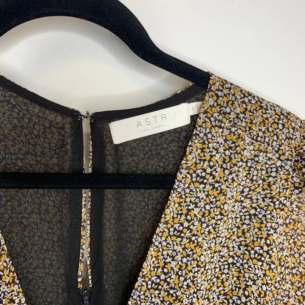 ASTR Black Gold Ditsy Floral Shirred Botton Mini Dress Sz Medium - Image 7