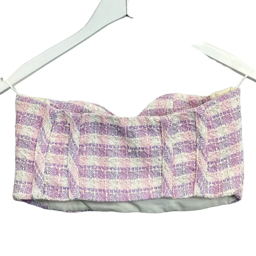 Zara Tweed Bustier Tube Top Cropped Boucle Textured Coachella Pink Purple Size M - Image 5