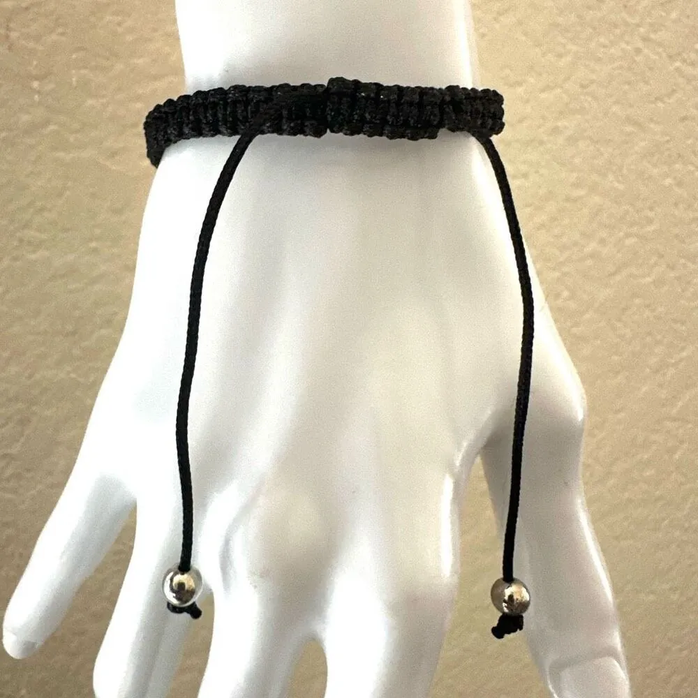 Adjustable Macrame Bracelet with Silver Tone Skull Bead Black - Image 2