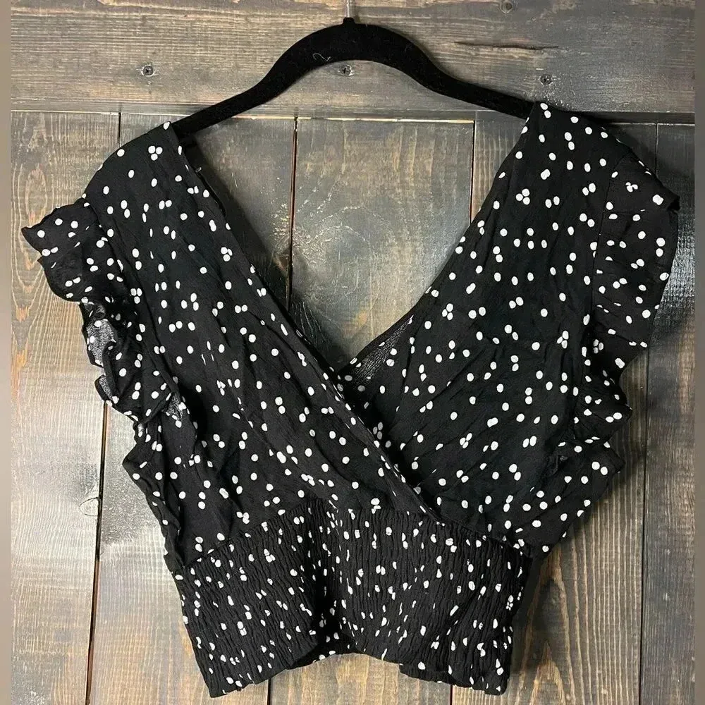 Polka Dot Ruffle Sleeve‎ Crop Top V-Neck Black and White Blouse A33 - Image 6