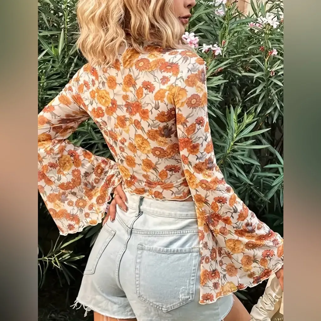 NWT Floral Mesh Mock Neck Top Bell Sleeves Size L Boho Y2K Hippie 70s Chic Orange Size L - Image 4