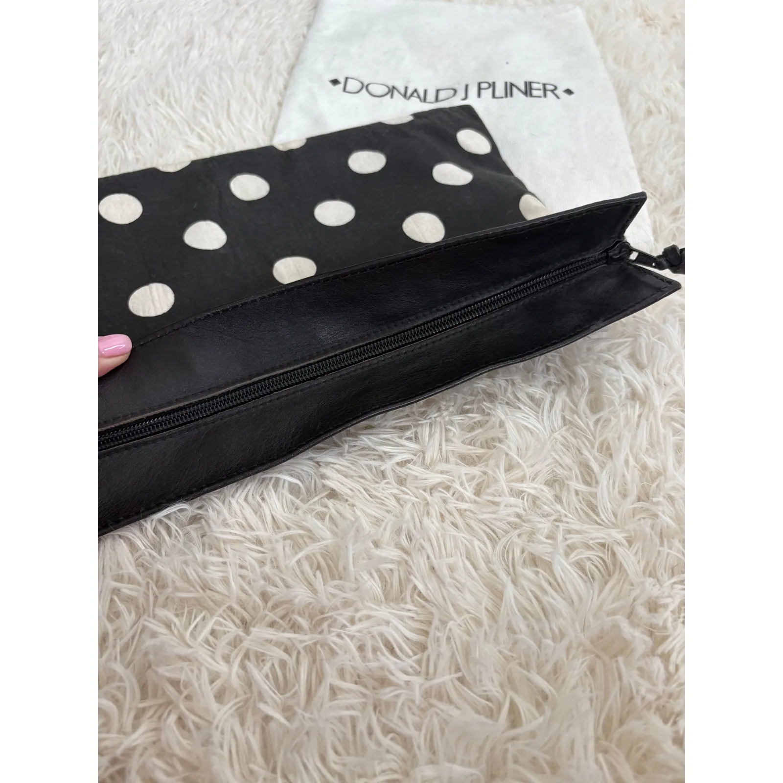 Donald J Pliner Black Polka Dot Leather Trim Clutch Bag Italy Made - Image 7