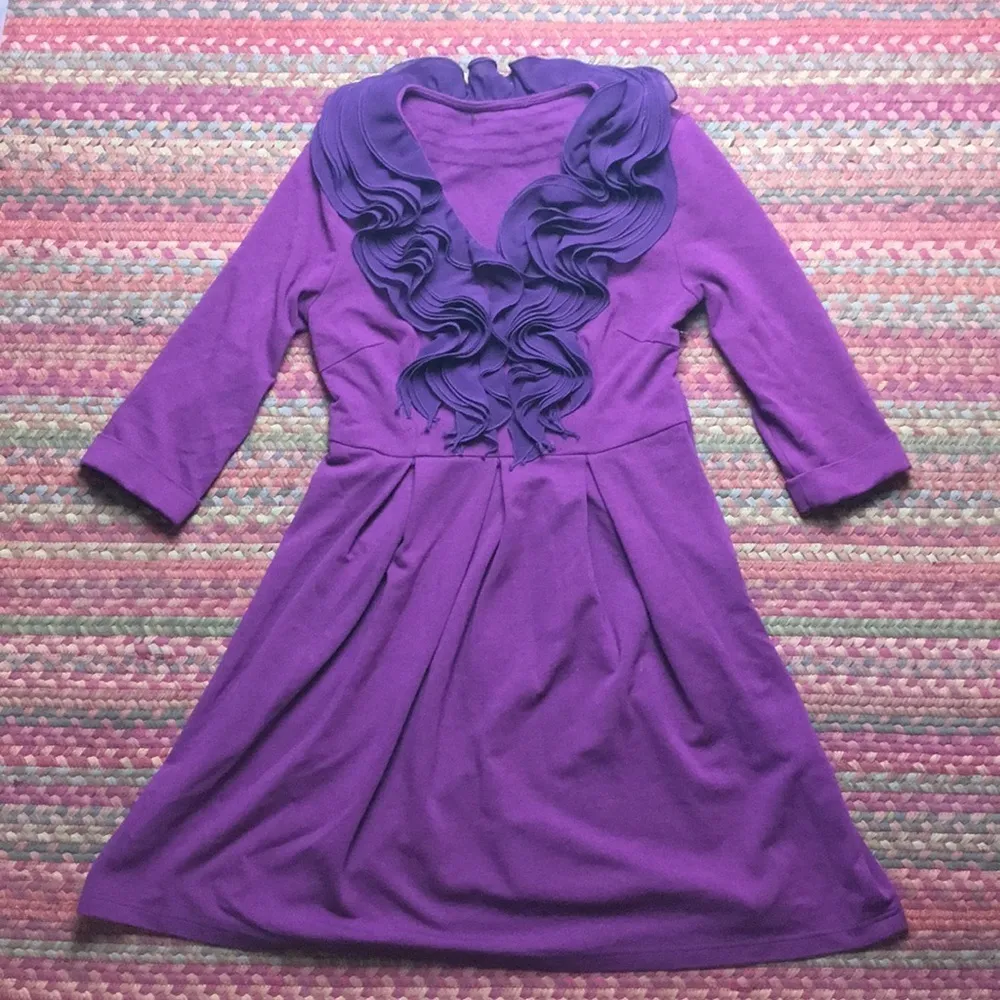 PURPLE RUFFLE DETAIL THREE QUARTER SLEEVE DRESS - Image 2