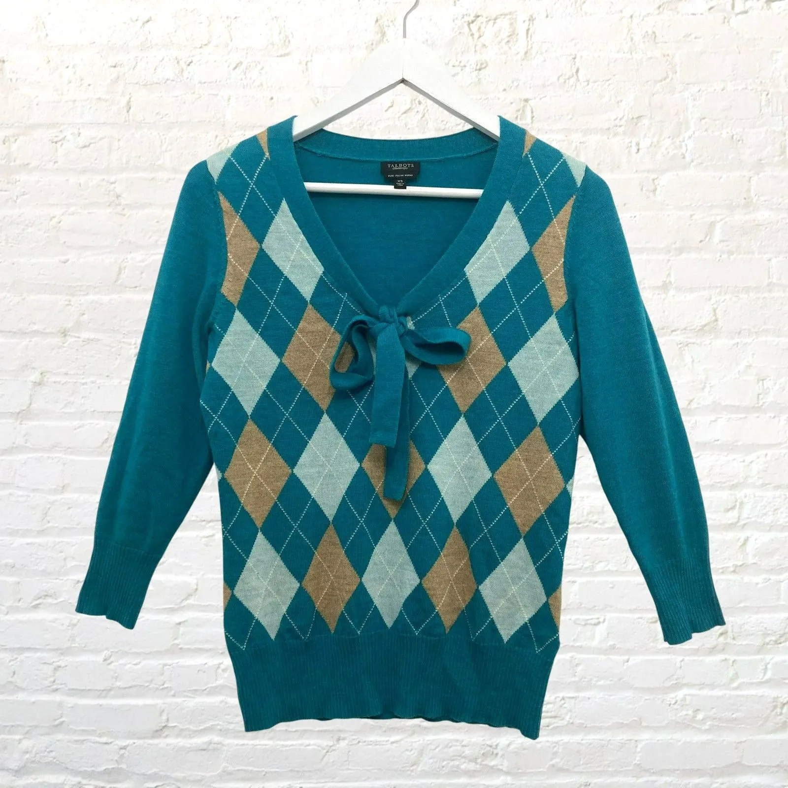 Talbots 100% Merino Wool Argyle Tie-Neck Sweater XS Teal Preppy Light Academia - Image 2