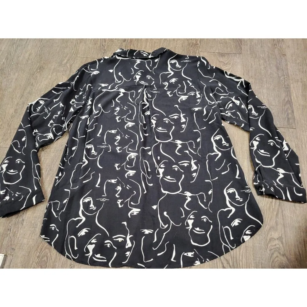 Big Dart Shirt Retro Black White Abstract Pattern Faces Button Up Y2K Medium - Image 3