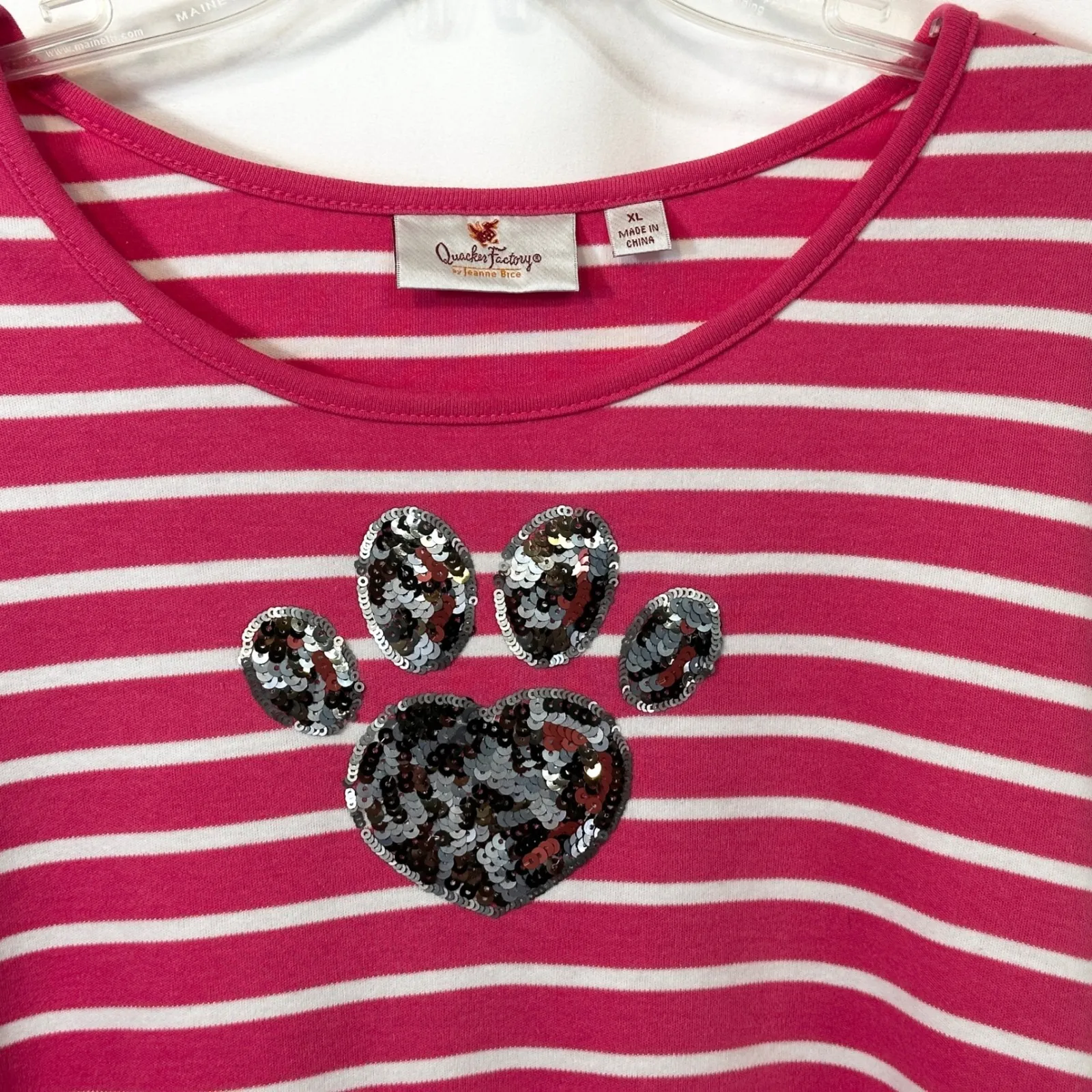 Quackey Factory XL Top Pink White Striped Long Sleeve‎ Dog Paw Heart Sequin 325 - Image 6