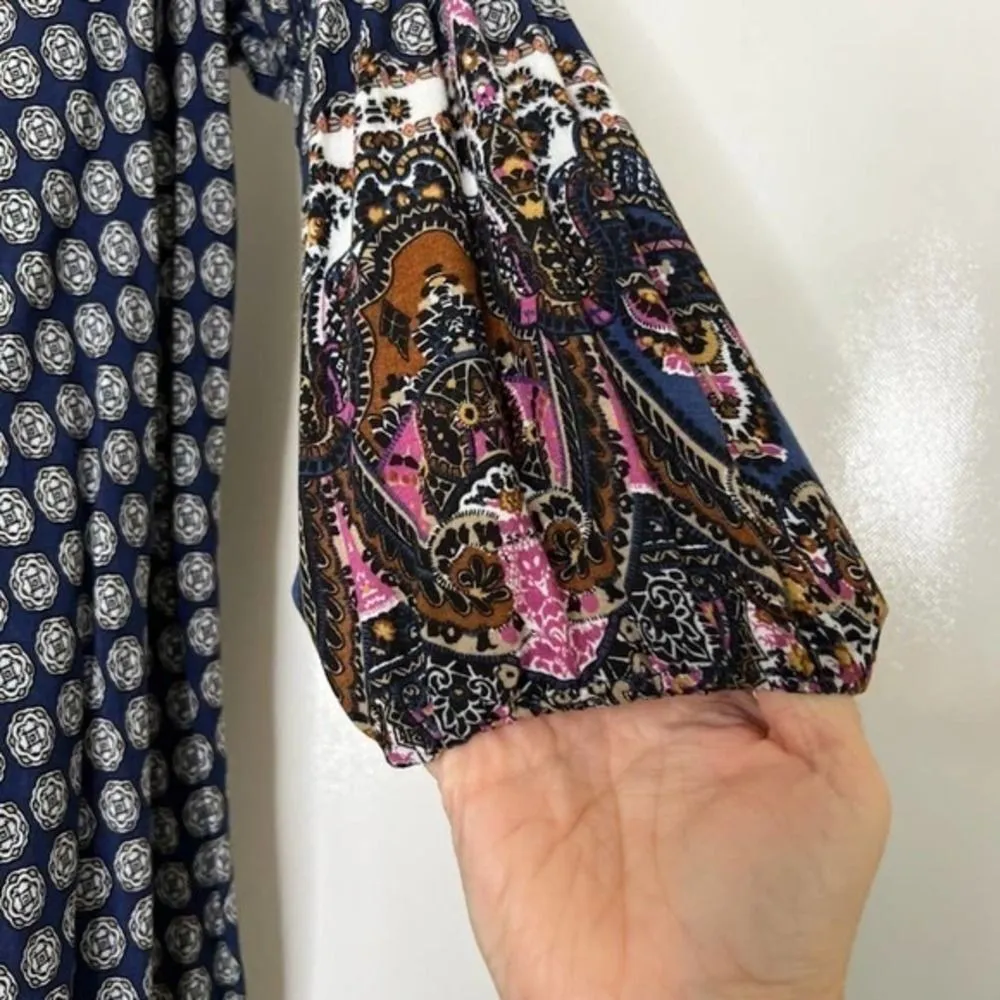 Umgee USA Women's Blue White Print 3/4 Sleeve Dress Pink Embroidery Size S‎ - Image 6