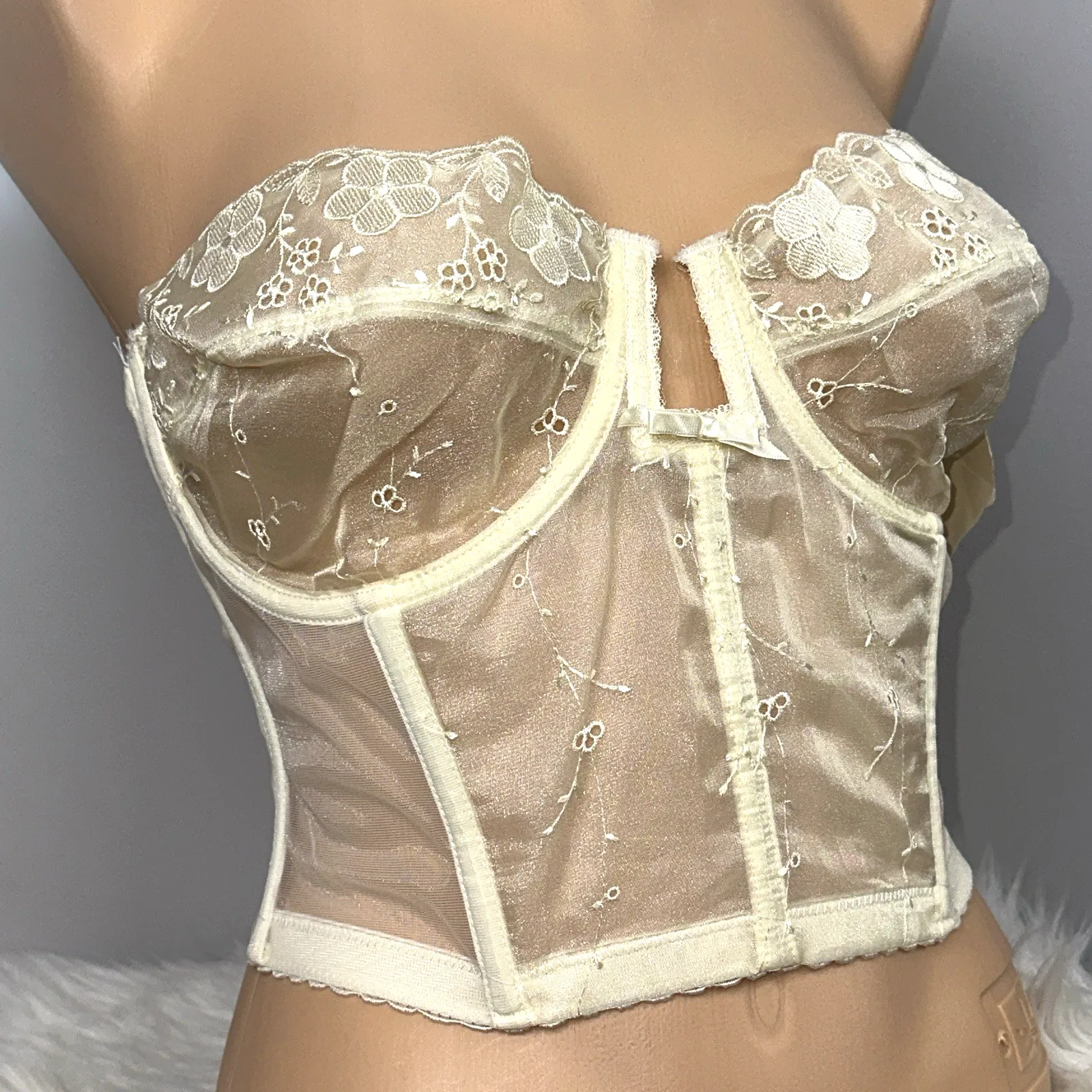 Vintage Lady Marlene Bustier Sheer See Through Ivory Bra Size 36D New NOS Boned - Image 2