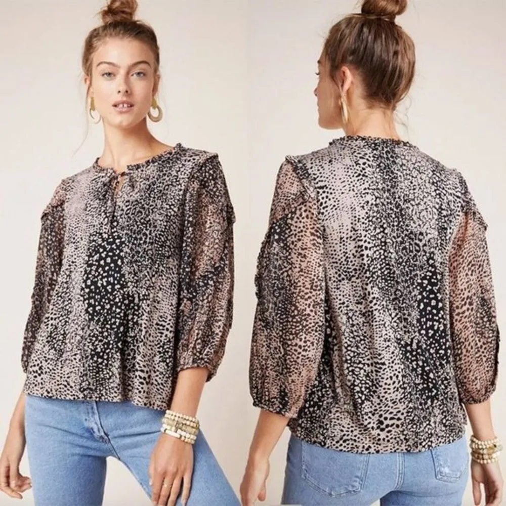 Maeve Anthropologie Animal Leopard Print Blouse Womens Medium Ruffle Feminine - Image 11