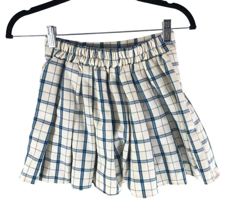Princess Polly Mini Skirt Pleated Schoolgirl Plaid Pull On Ivory Blue S/M - Image 2