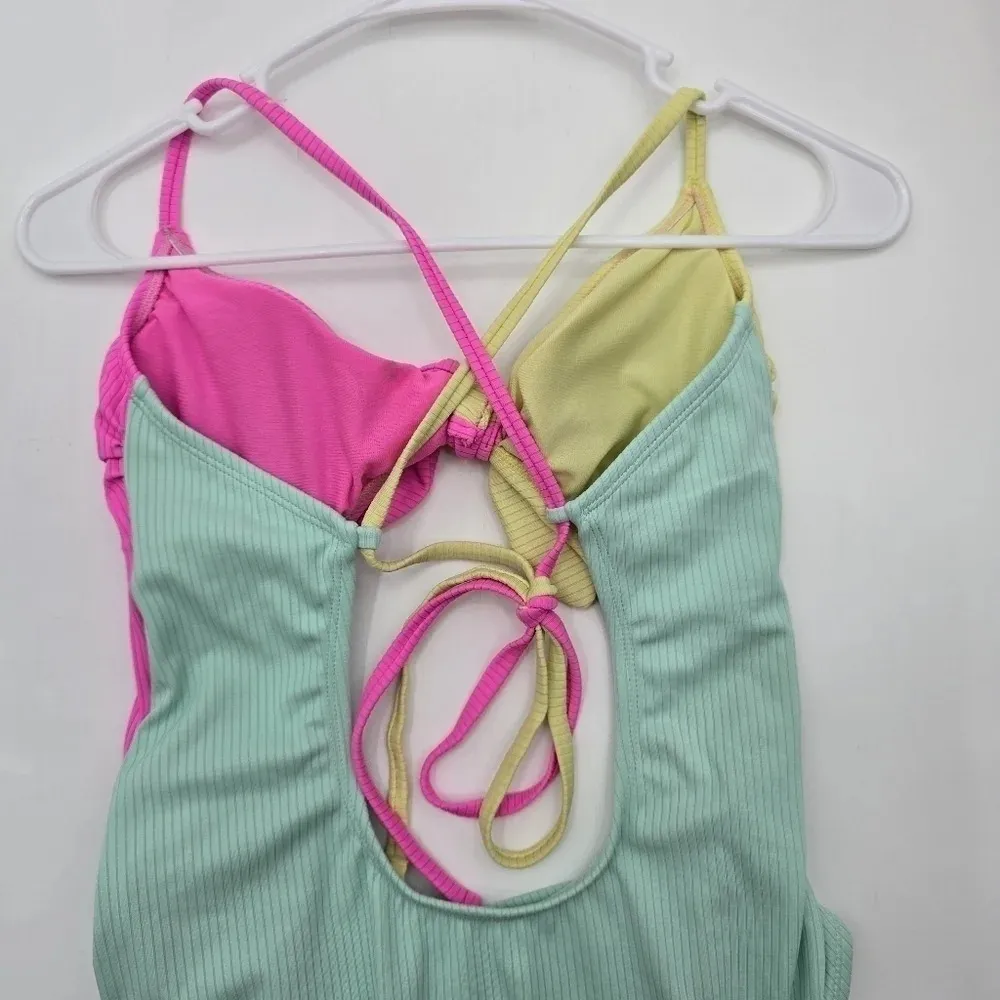 Xhilaration Pink Yellow Blue One Piece Cutout Bathing Suit Swimwear Large - Image 8