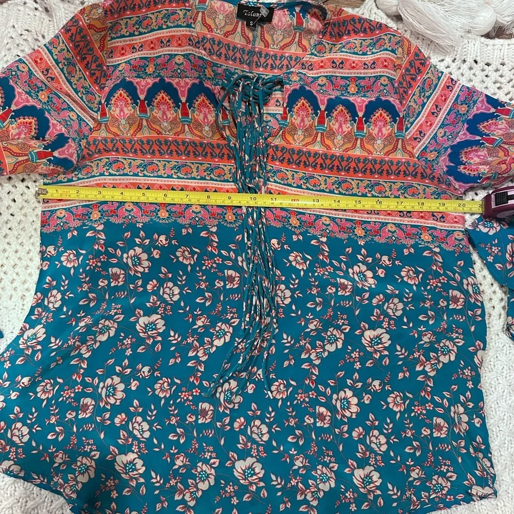 Tolani small Floral Bohemian Women's Top - Blue and Pink asymmetrical silk - Image 6