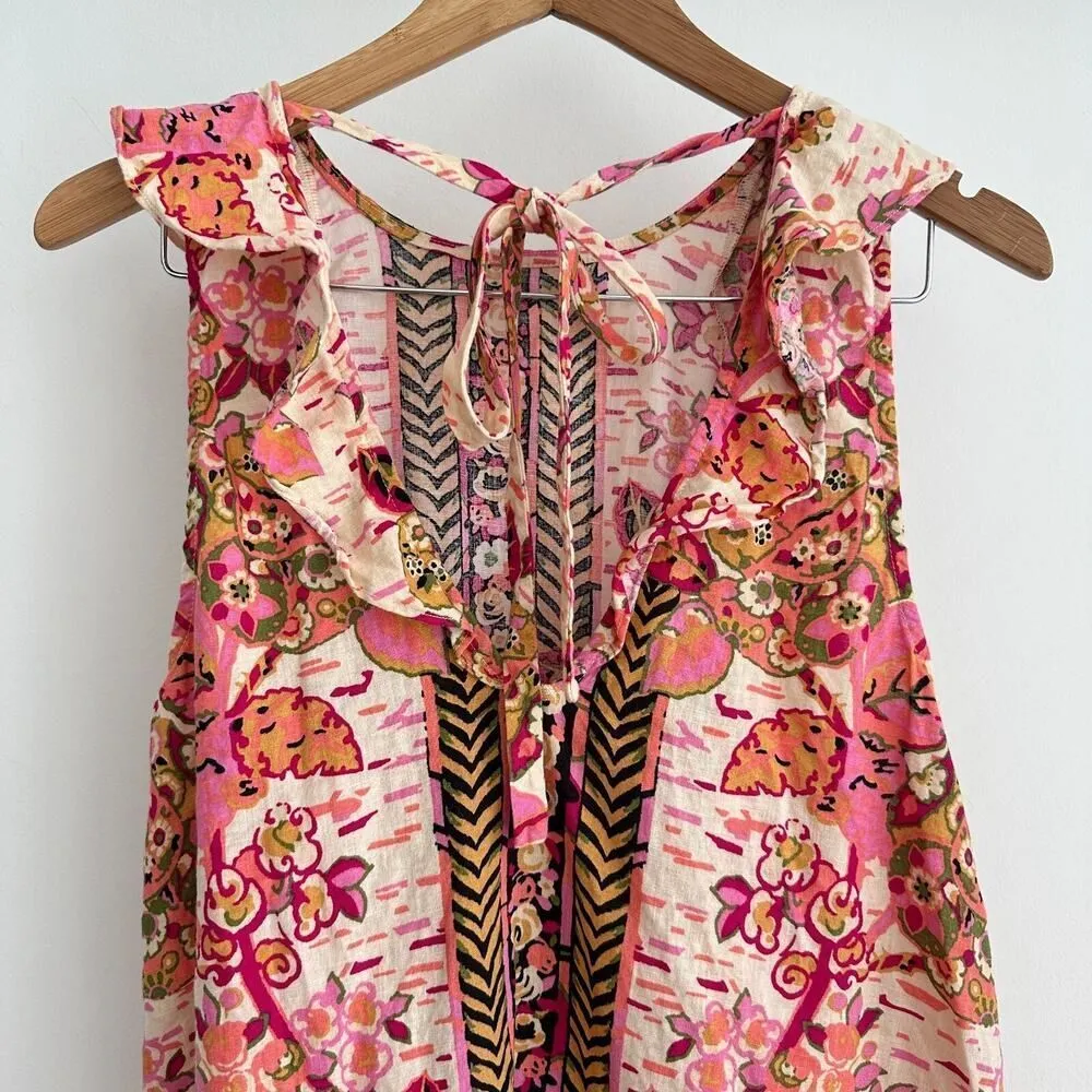 Free People Tunic Small Tulum Floral Boho Linen Blend Flowy Flounce Top Festival - Image 7
