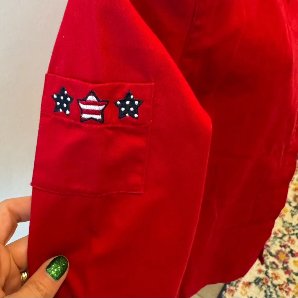 Red Star Patriotic Flag Button Up Woman’s Long Sleeve Collared Top Size Medium - Image 5