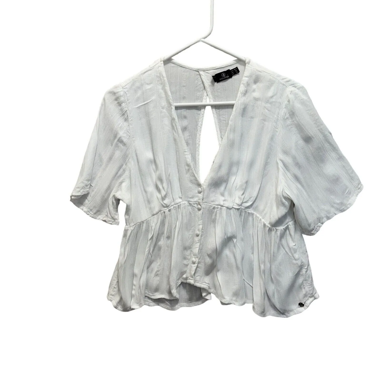 Volcom White Peplum‎ Blouse M Open Back Short Sleeve Viscose Boho Summer Top - Image 4