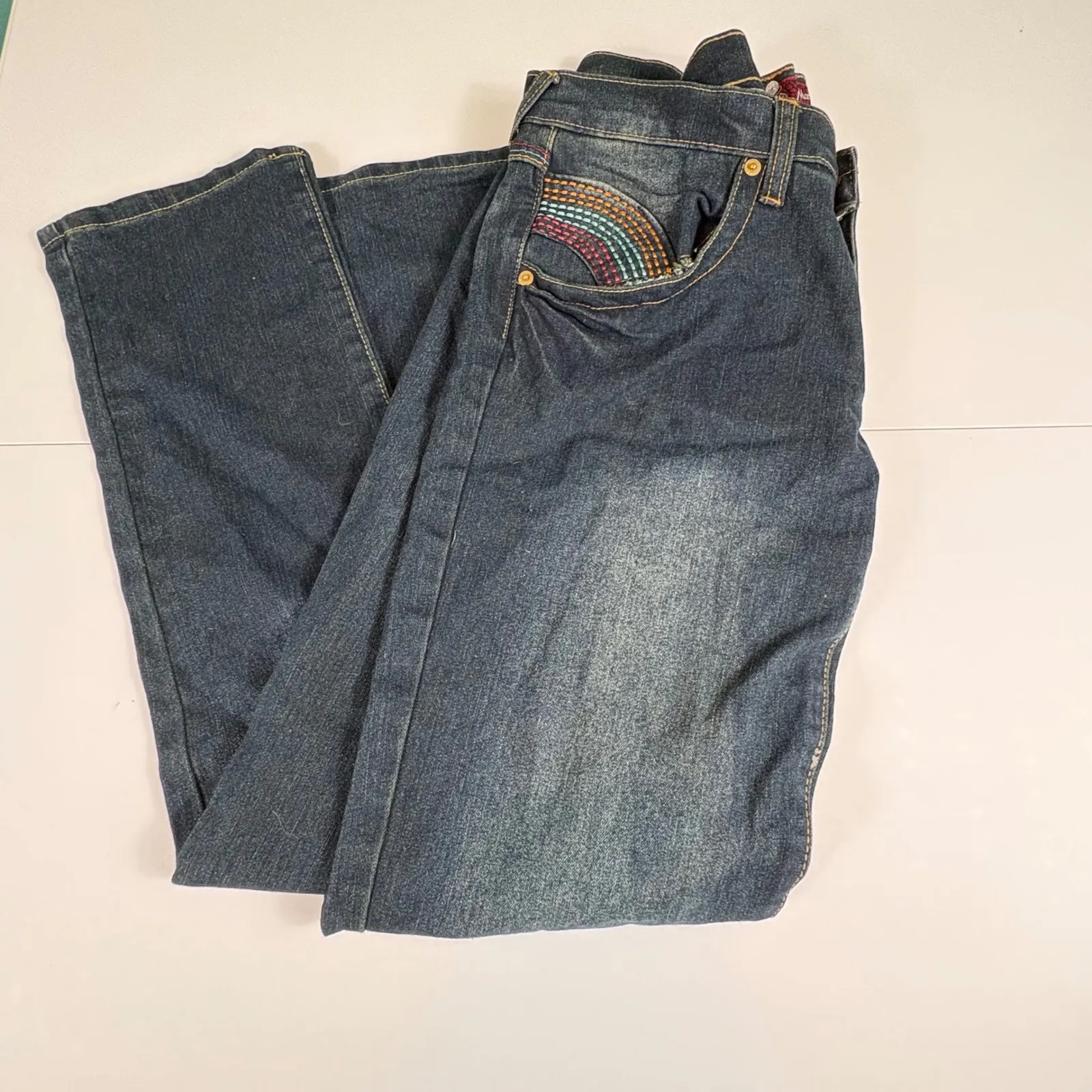 Y2K Baby Phat Jeans Size 15 Rainbow Pocket Flap Embroidered Bootcut Denim - Image 9