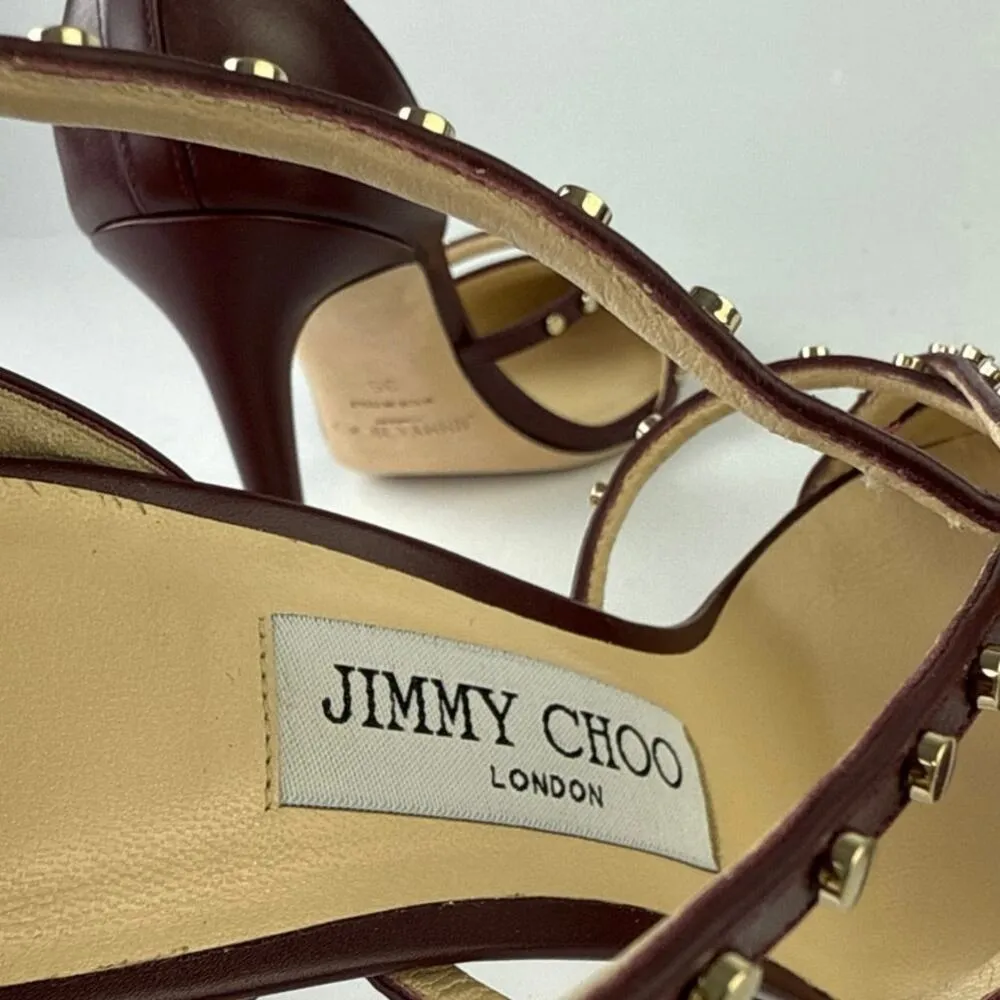Jimmy Choo Tiff Burgundy Leather Studded Ankle Strap Stiletto Heels Sandals 5 - Image 5