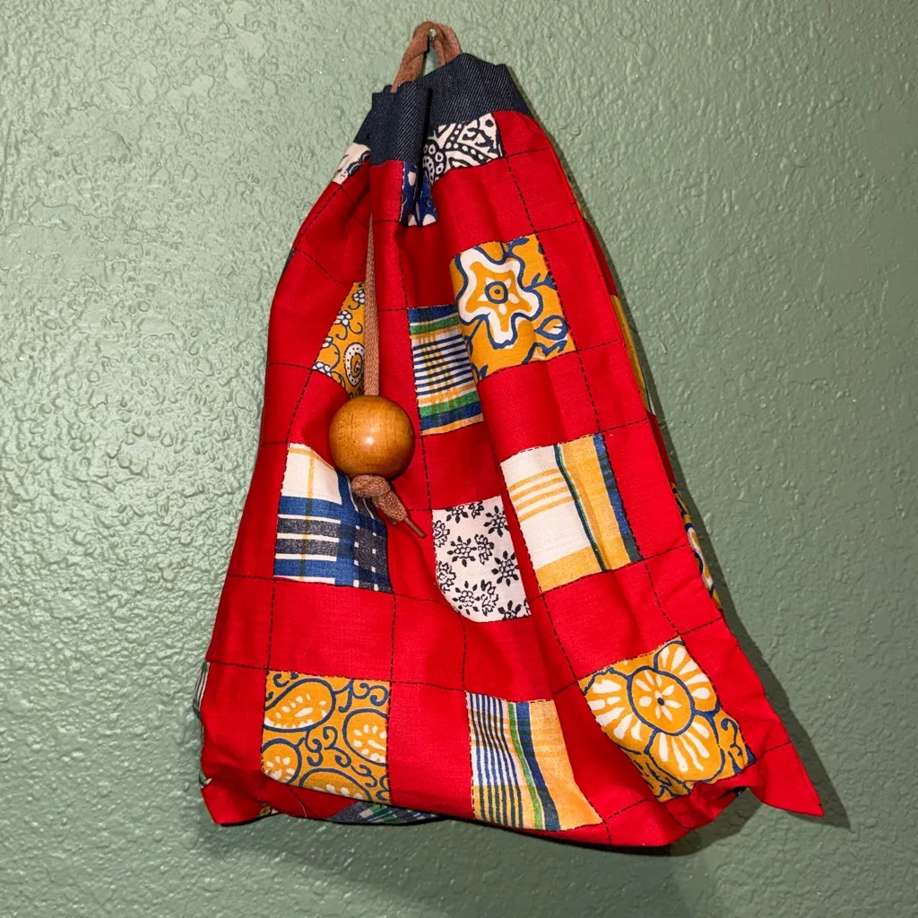 Vintage Reversible and Embroidered Denim Drawstring Bag Blue - Image 6