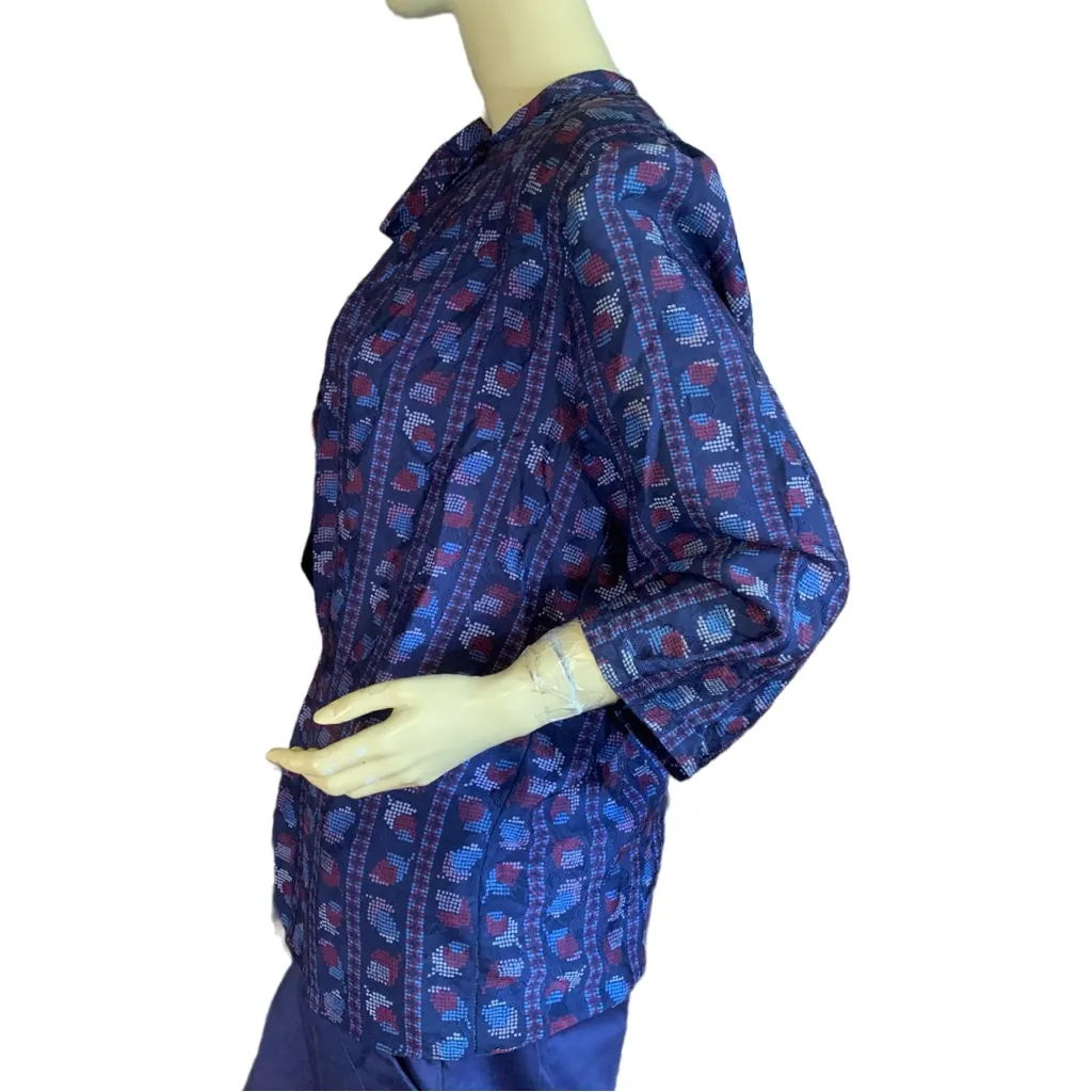 VINTAGE 80'S HALSTON III BLUE AND BURGUNDY SILK BLOUSE (10) - Image 5