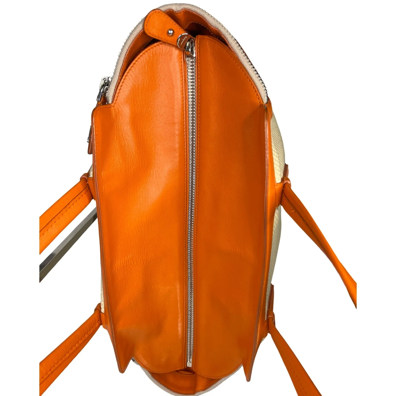 Salvatore Ferragamo Woven Canvas Leather Tote Bag Orange Trim Italy - Image 7