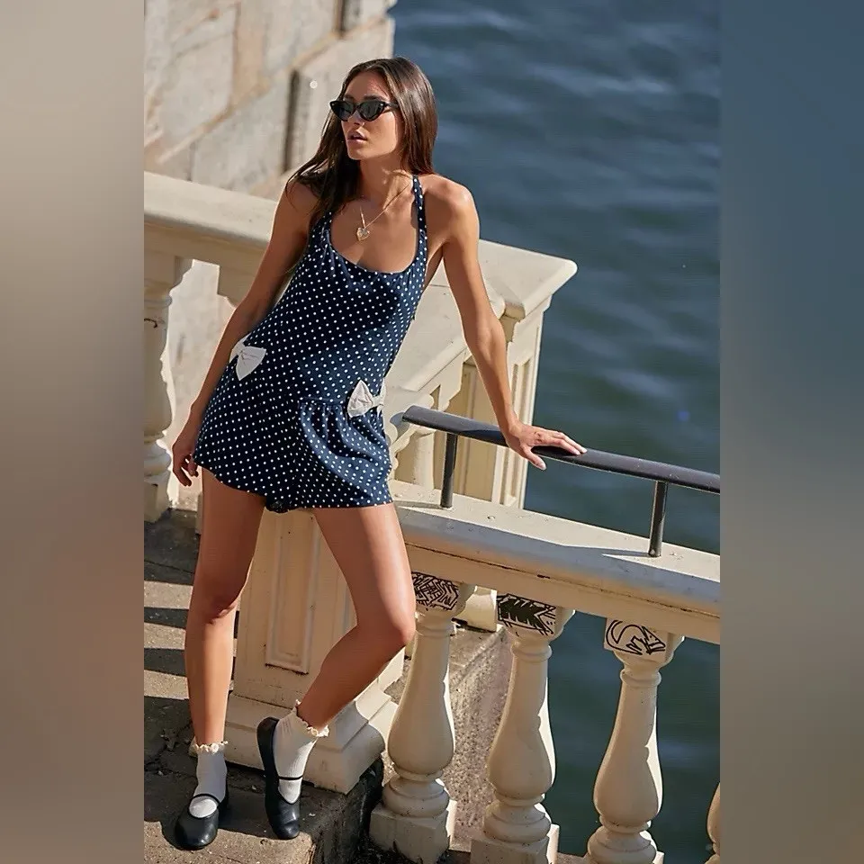 Free People High Strung Playsuit Romper Polka Dot Bow Backless Sz medium - Image 4