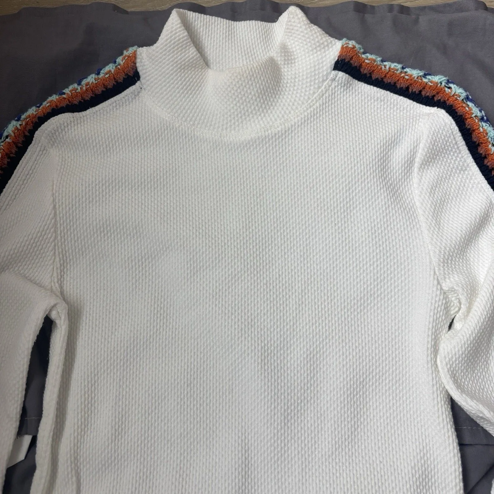 FREE PEOPLE Easy Street Thermal Top XS Multi Knit Leopard Sleeve Mock Neck Y2k - Image 14