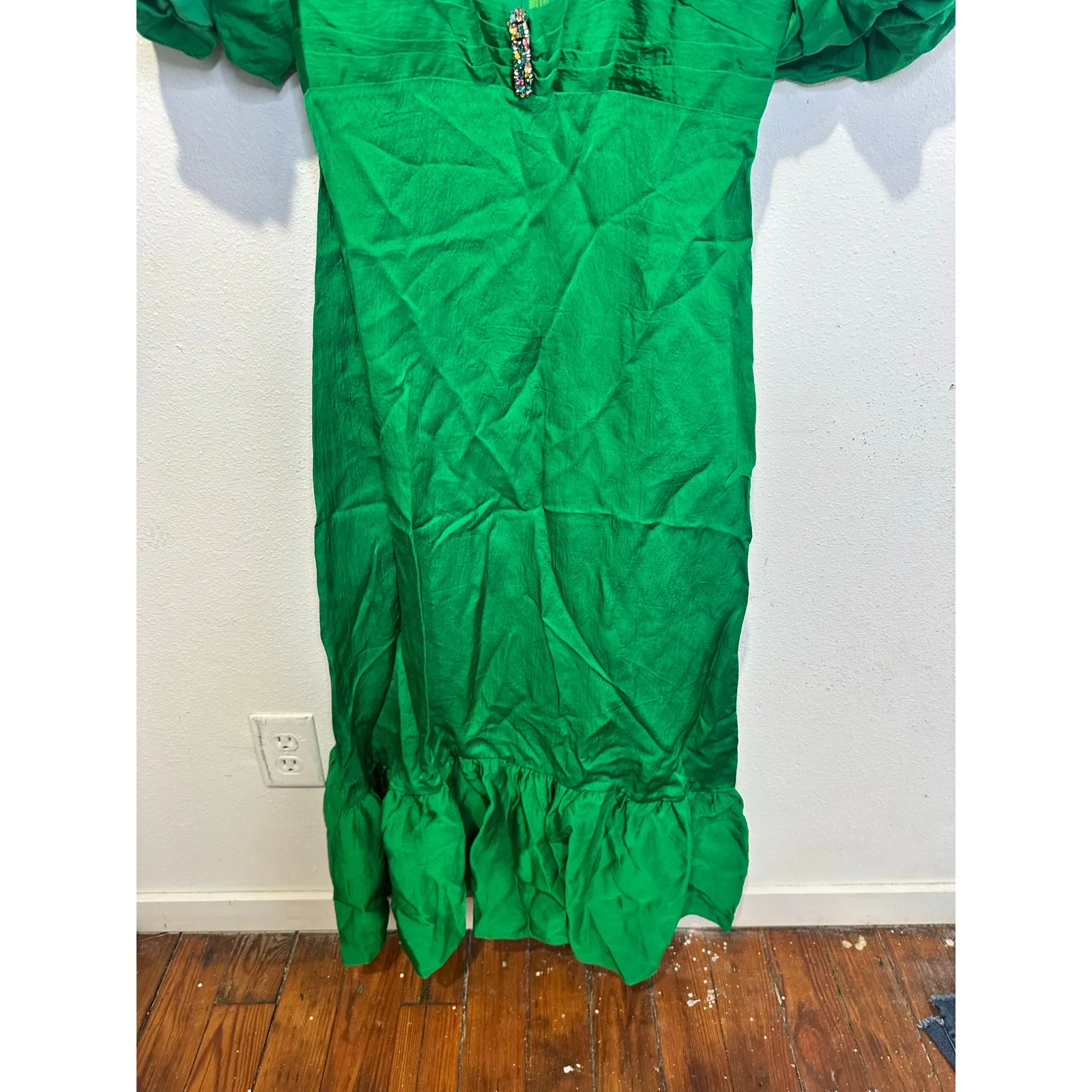 SANDRO Green Jewel Embellished Rhinestone Middle Cutout Puff Sleeve Dress sz 40 - Image 9