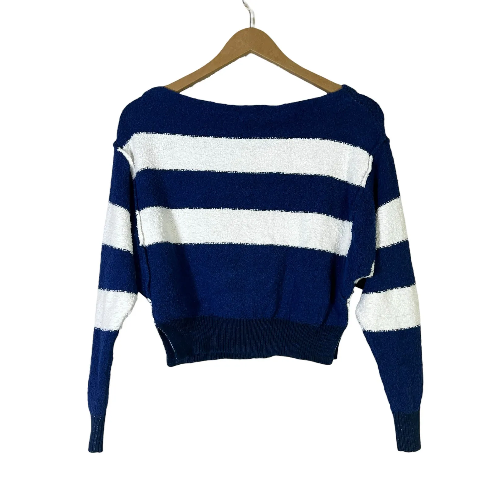 Free People Candy Land Striped Cropped Sweater Womens XS Blue White Coastal Boho - Image 4