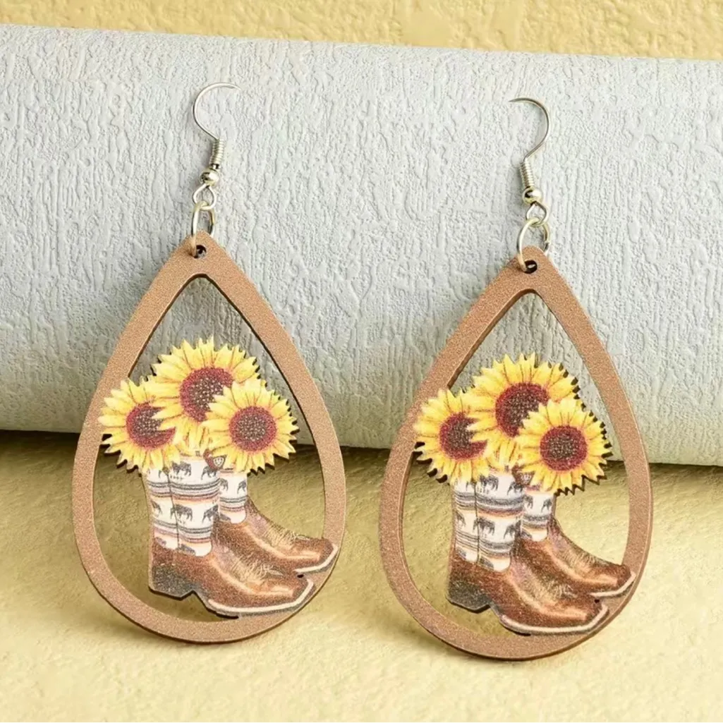 Western Retro Personality Cowboy Boots Sunflower Earrings Wooden Water Drop‎ - Image 6