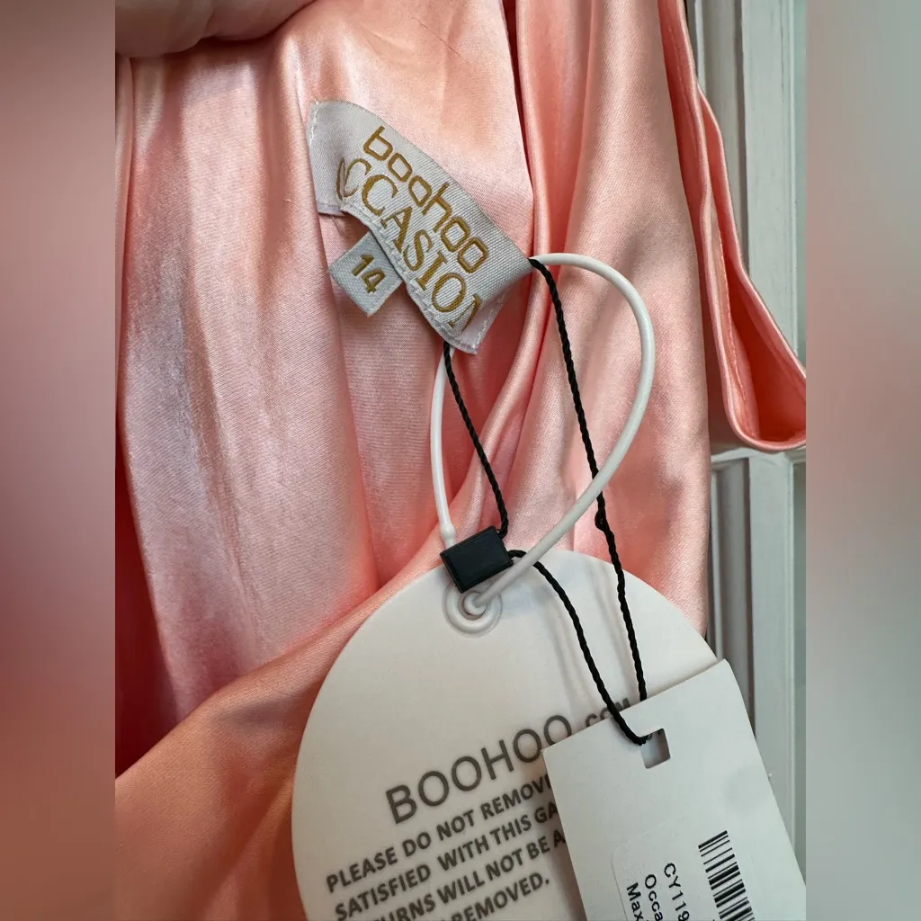 Boohoo Occasions Satin Cowl Peplum Hem Maxi Dress Blush Pink US Size 10 NWT - Image 6