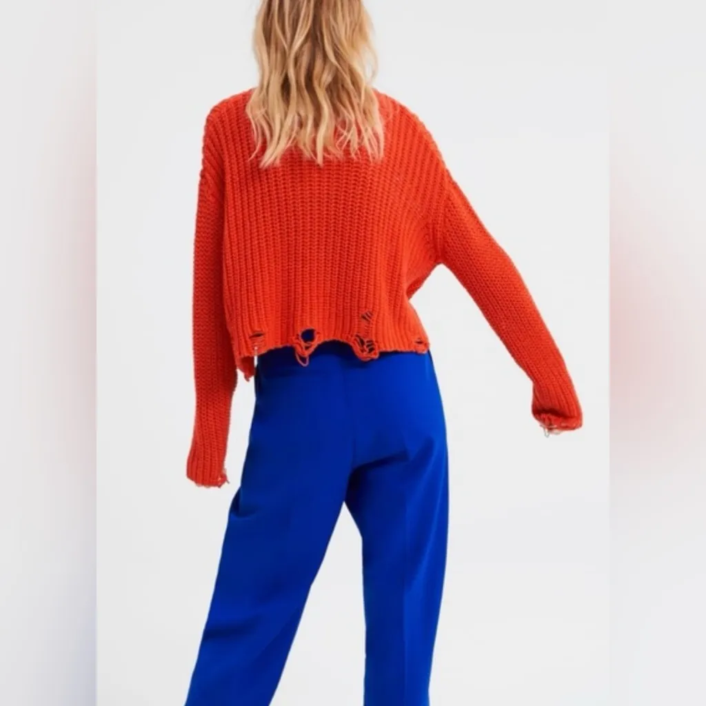 ZARA ‎ Flame Orange Distressed Ripped Oversized Cropped Knit Sweater Size Small - Image 6