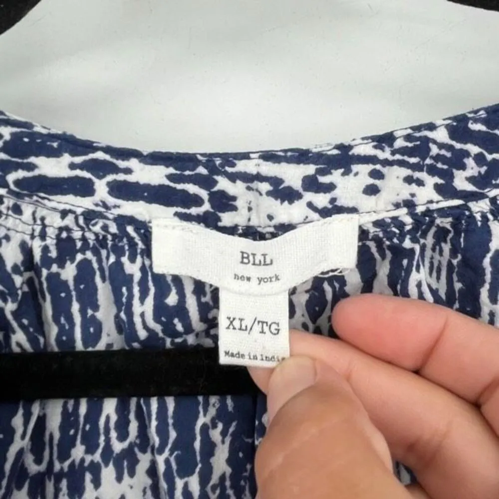 Beach Lunch Lounge flowy notch neck blouse size XL abstract bohemian White blue - Image 4