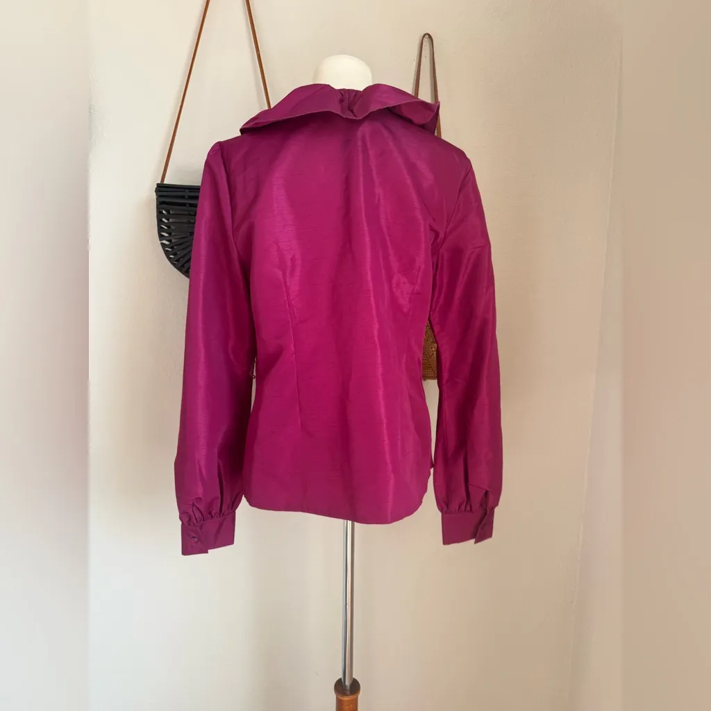 Oscar De La Renta Burgundy Ruffle Faux Wrap Blouse, Size Large - Image 5