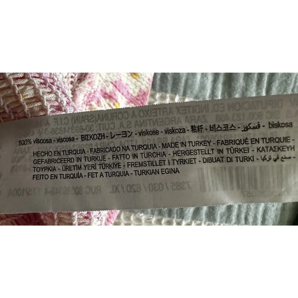 New Zara Women's Pink Yellow Floral Smocked Ruffle Cropped Off Shoulder Top XL - Image 9