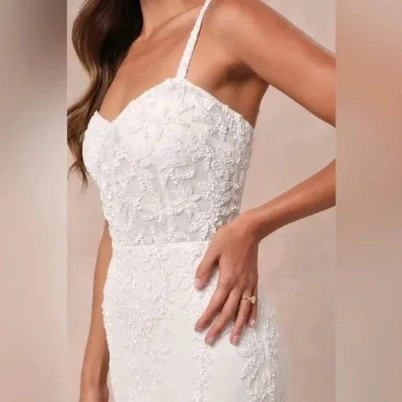 Lulus Momentous Love White Beaded Bustier Mesh Mermaid Maxi Dress Size L Size L - Image 4