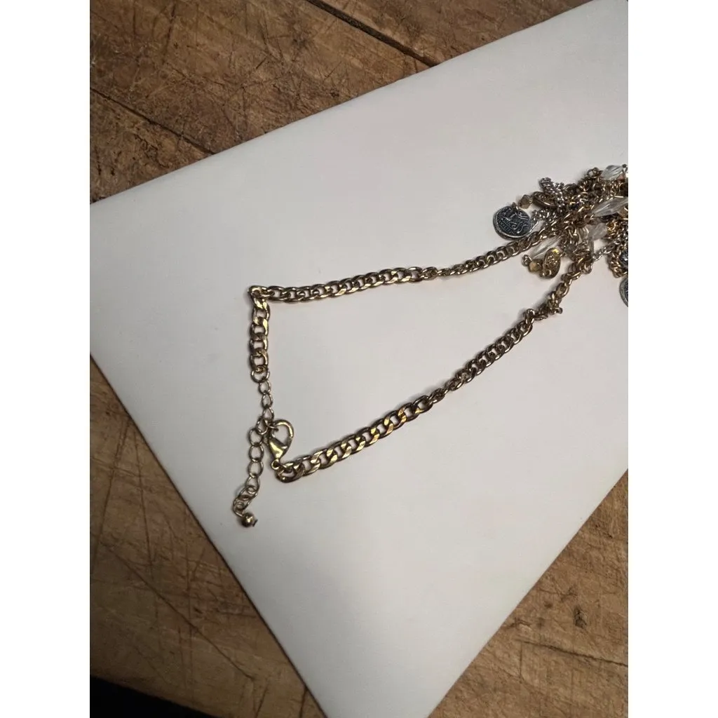 Vintage Gold & Silver Tone Coin Statement Necklace With Clear Beads & Chain Frin - Image 6