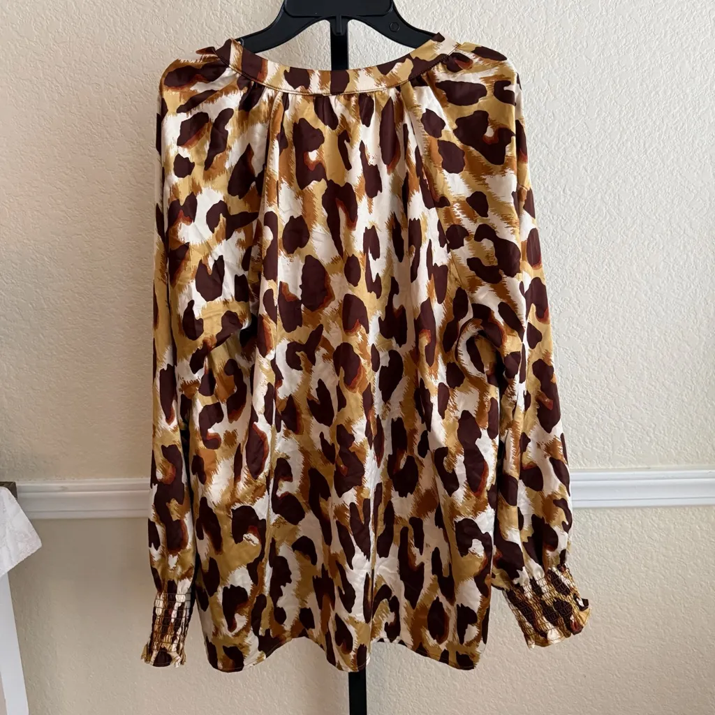 Retro Leopard Print Satin Blouse Smocked Sleeve Flow Top Medium Oversized Brown - Image 3