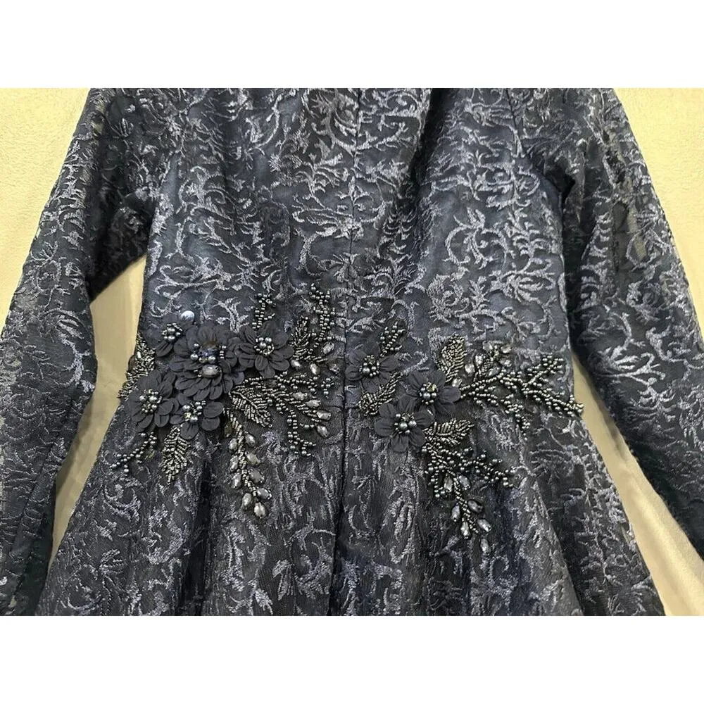 Mac Duggal 112181 Long Sleeve A Line Cocktail Tea Length Dress Midnight Blue 6 - Image 6