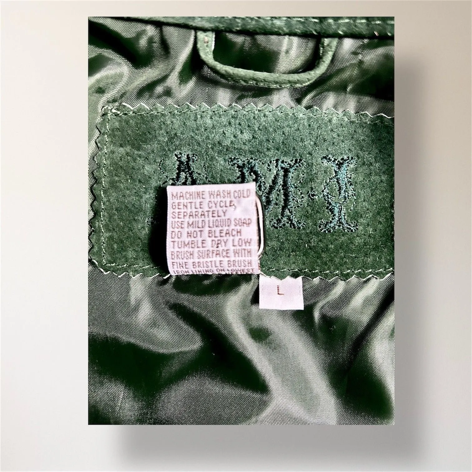 A.M.I. Green Suede Leather Jacket Zip Front Forest Wash Vintage Y2K Western Moto Size L - Image 10