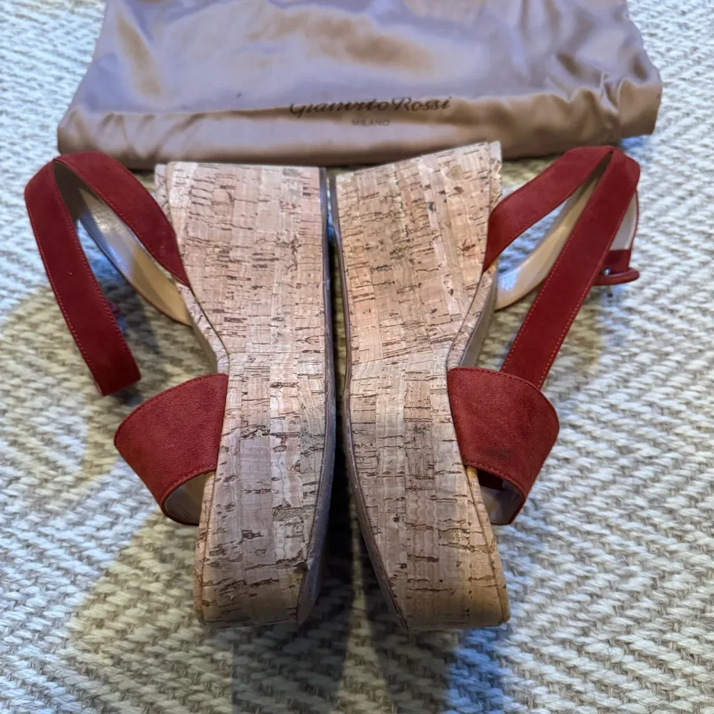 Gianvito Rossi Red Suede Cork Heel Sandals | Size 7.5 - Image 3