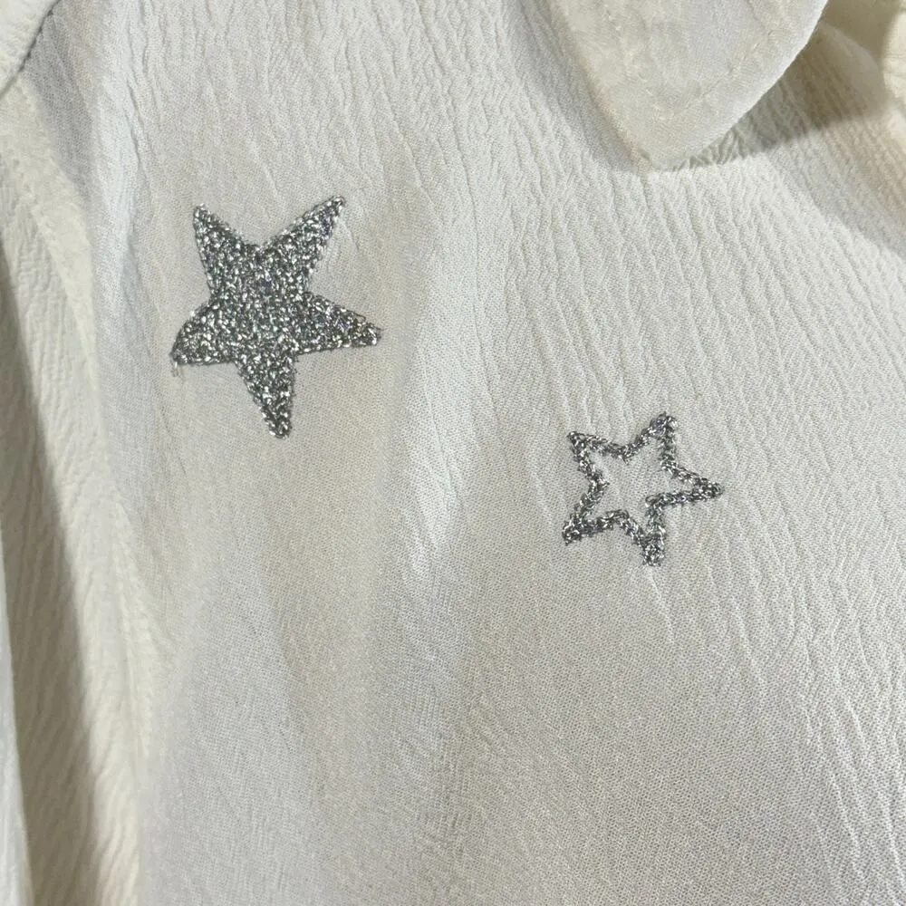 Torrid SZ 3 (3X-Large) Top Button-Up Gauzy Silver Stars Roll-Tab Sleeves Pocket - Image 9