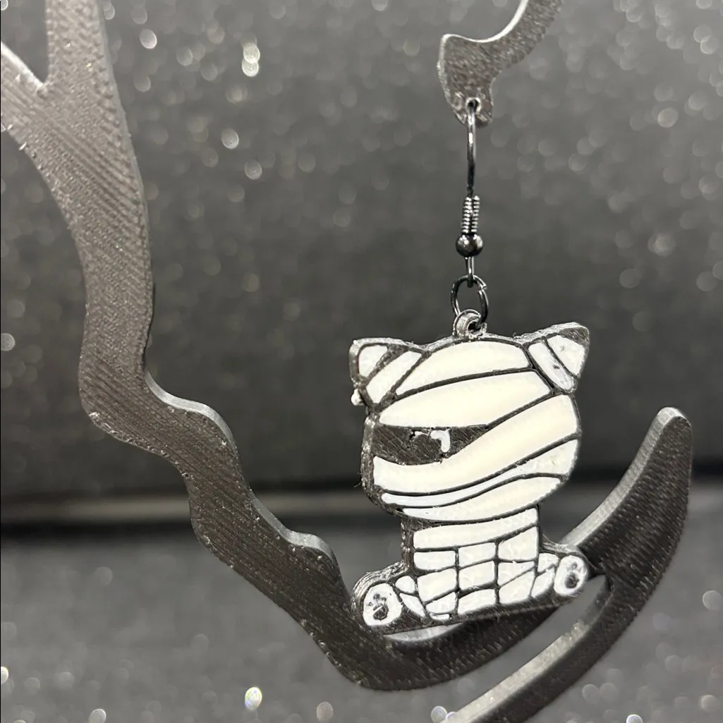 Mummy Cat Dangle Earrings – Spooky Cute Halloween Style Black - Image 3